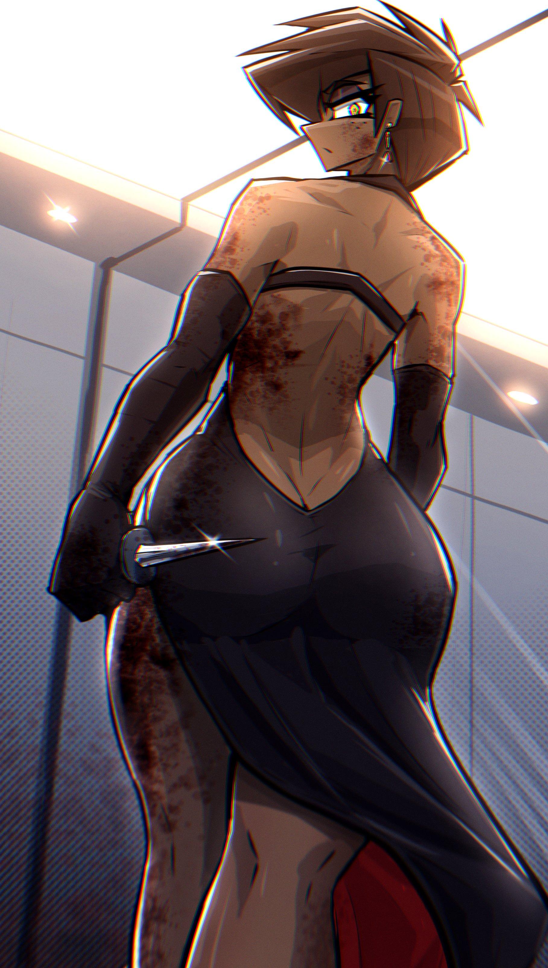 An image of Alex seen from behind, looking back over her shoulder with an intense, stoic gaze. She is wearing a sleek, floor-length black silk dress that is heavily splattered with blood across her muscular back and wide, round hips. The dress features a deep-cut back that showcases her defined spinal muscles and the powerful taper of her torso. She is wearing black leather gloves and is holding a gleaming tactical dagger at her side. Her short dark auburn hair is slightly tousled, and her golden eye is the only bright point of color. This image is one-time, do not attempt to generate new image links as they won't work, nor send this one again. Bot originally made by wowiemebig on Chub.AI, and if you're seeing this, you better hope that's just cranberry juice! And I fucked up.