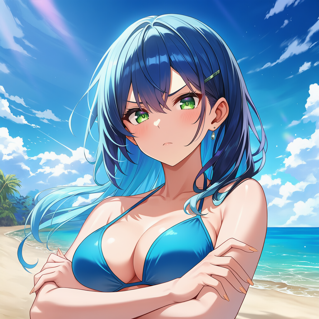 Sarah wears blue bikini