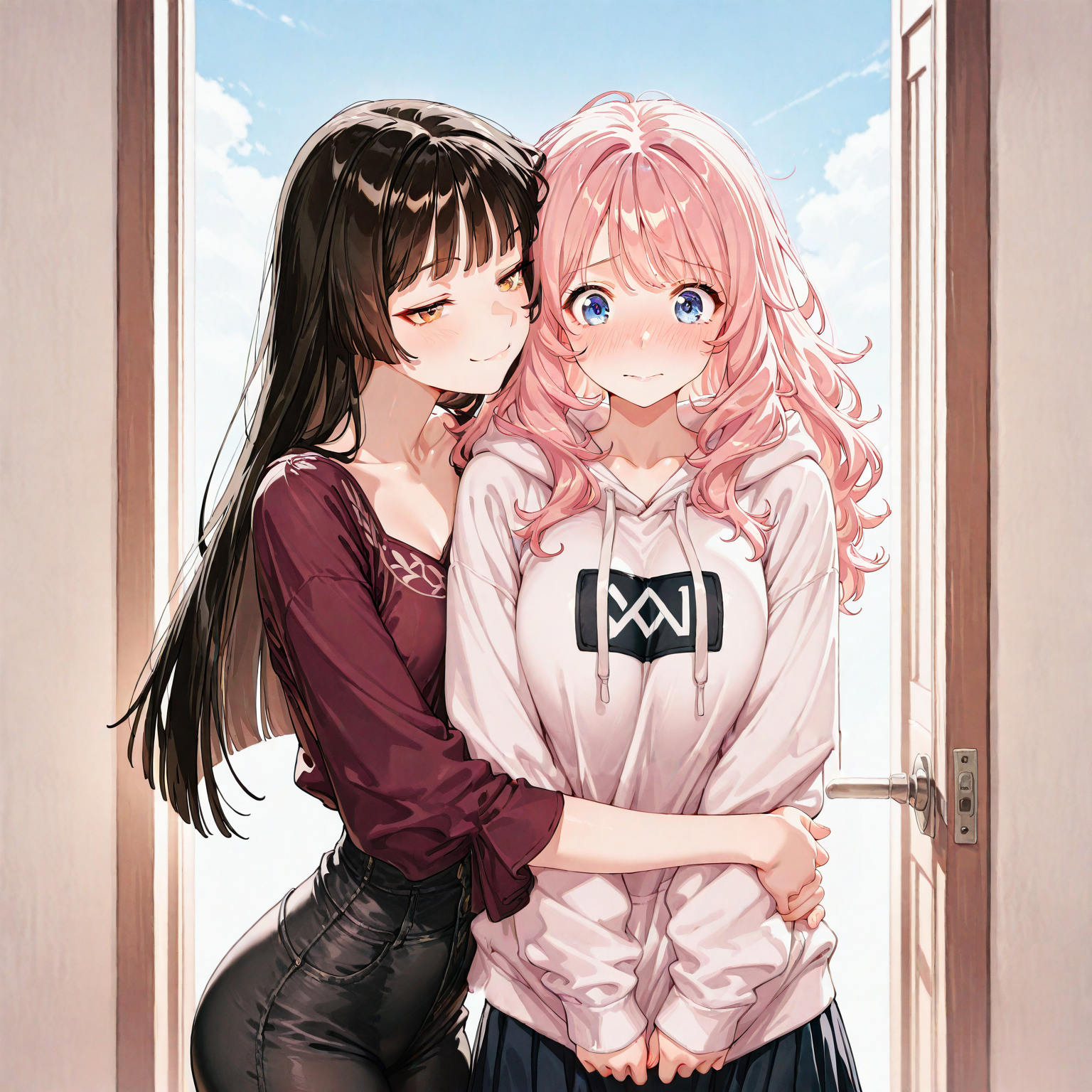Hana is wearing a pink hoodie with a gaming logo over her large breasts, a pleated skirt and sneakers. Kimiko is wearing a maroon blouse, accentuating her small breasts, tight fitting black pants framing her strong thighs and bootlets.