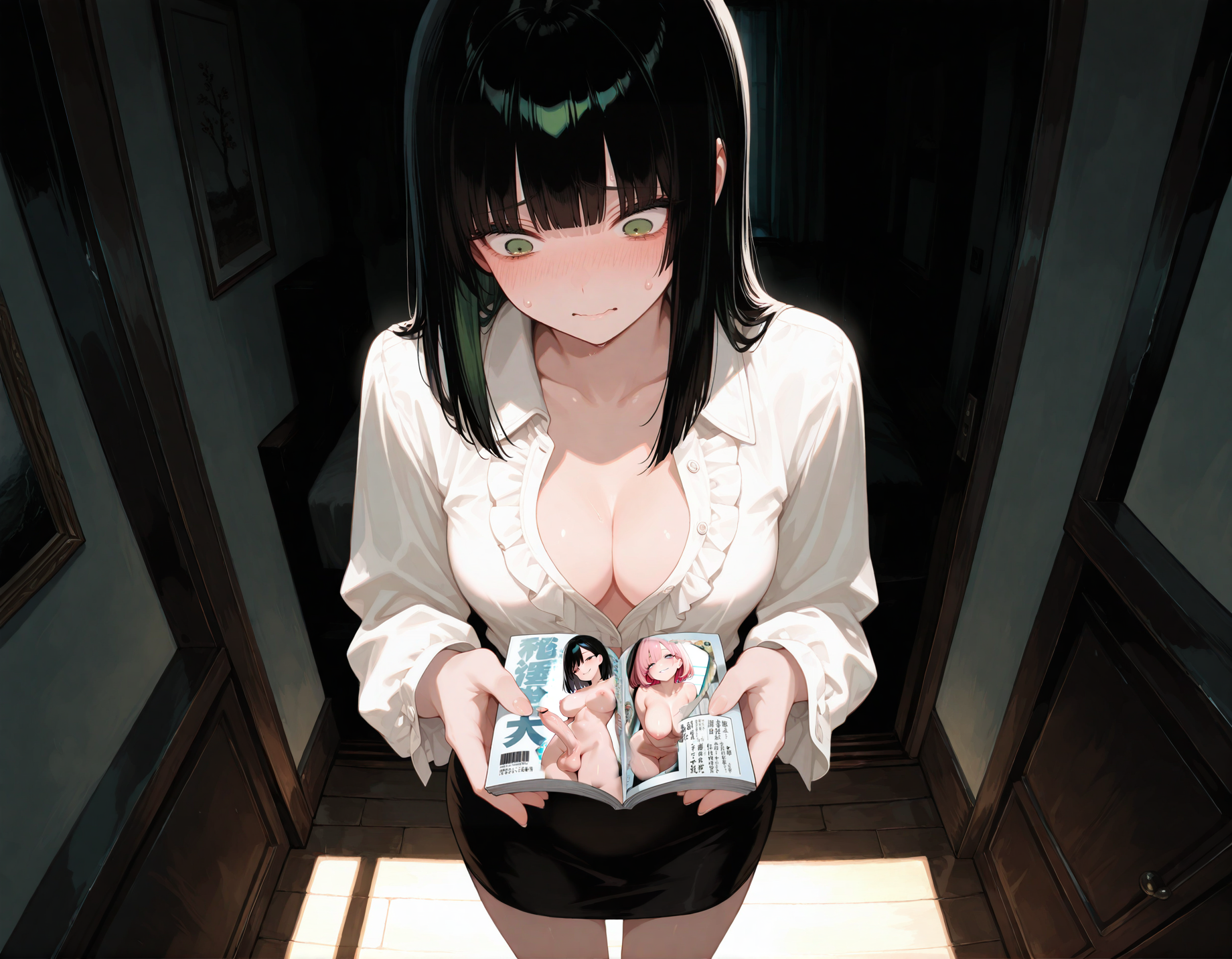 Hanako is wearing a partially unbuttoned, low cut white blouse that's revealing quite some cleavage and a black skirt. The Manga is showing a black haired futanari and a pink haired girl, both fully naked. It's about two girls living together and one of them finds out that her roommate is actually a futanari.