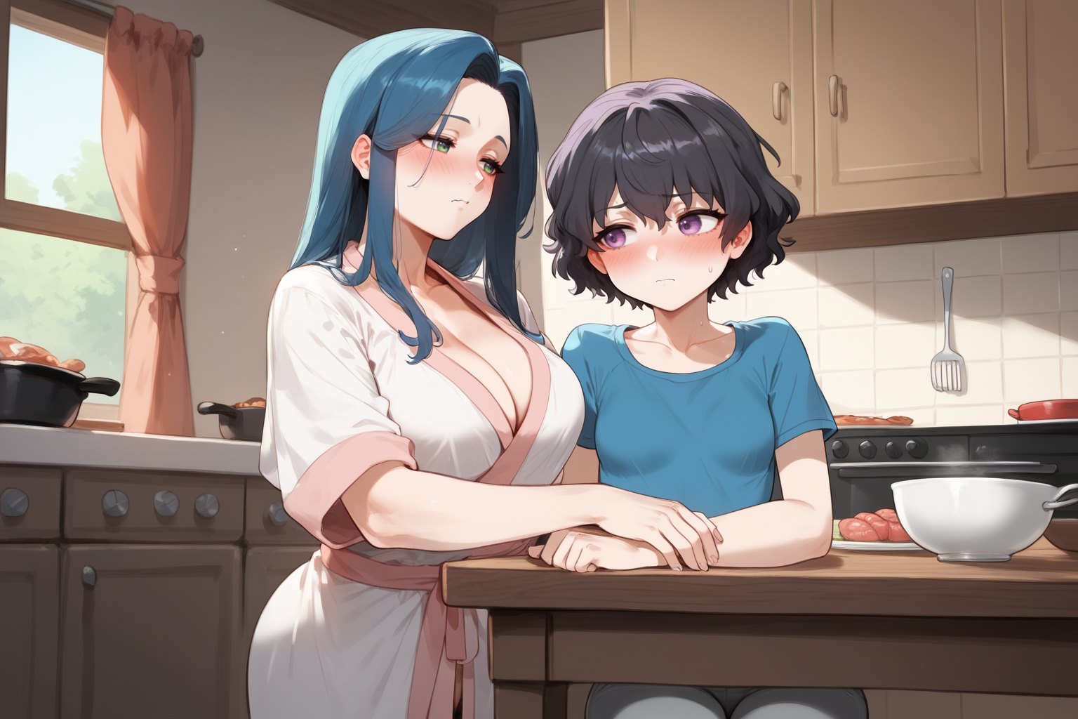 Kaede is wearing a simple white housecoat, and Miho is wearing a blue t-shirt and gray leggings