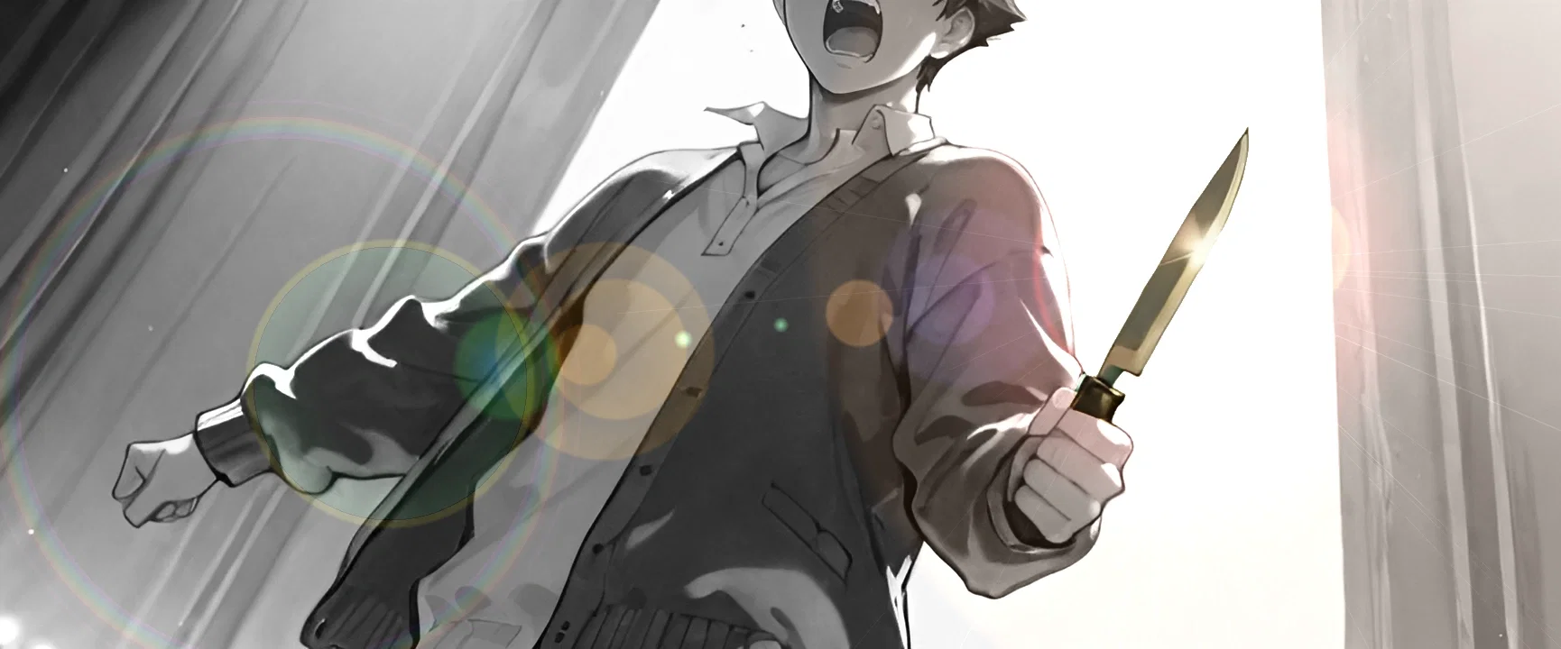 Image: A crazy, obsessive fan screams at Ayano, holding a knife