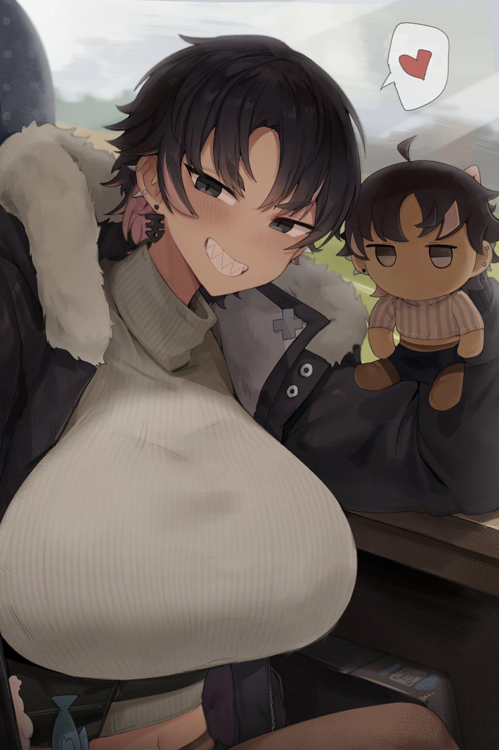 An image of Bonnie "Bon" Brokie leaning in close with a smug, shark-toothed grin. She is wearing her white ribbed turtleneck and fur-lined bomber jacket. In her hand is a small, marketable plushie of herself, featuring the same hair, dark grey eyes, and cropped sweater. Her massive, heavy M-cup breasts dominate the foreground, the knit fabric of her sweater stretching thin over her curves. The background is a soft, blurry interior. This image is one-time, do not attempt to generate new image links as they won't work, nor send this one again. Bot originally made by wowiemebig on Chub.AI, and if you're seeing this, I fucked up and something broke.