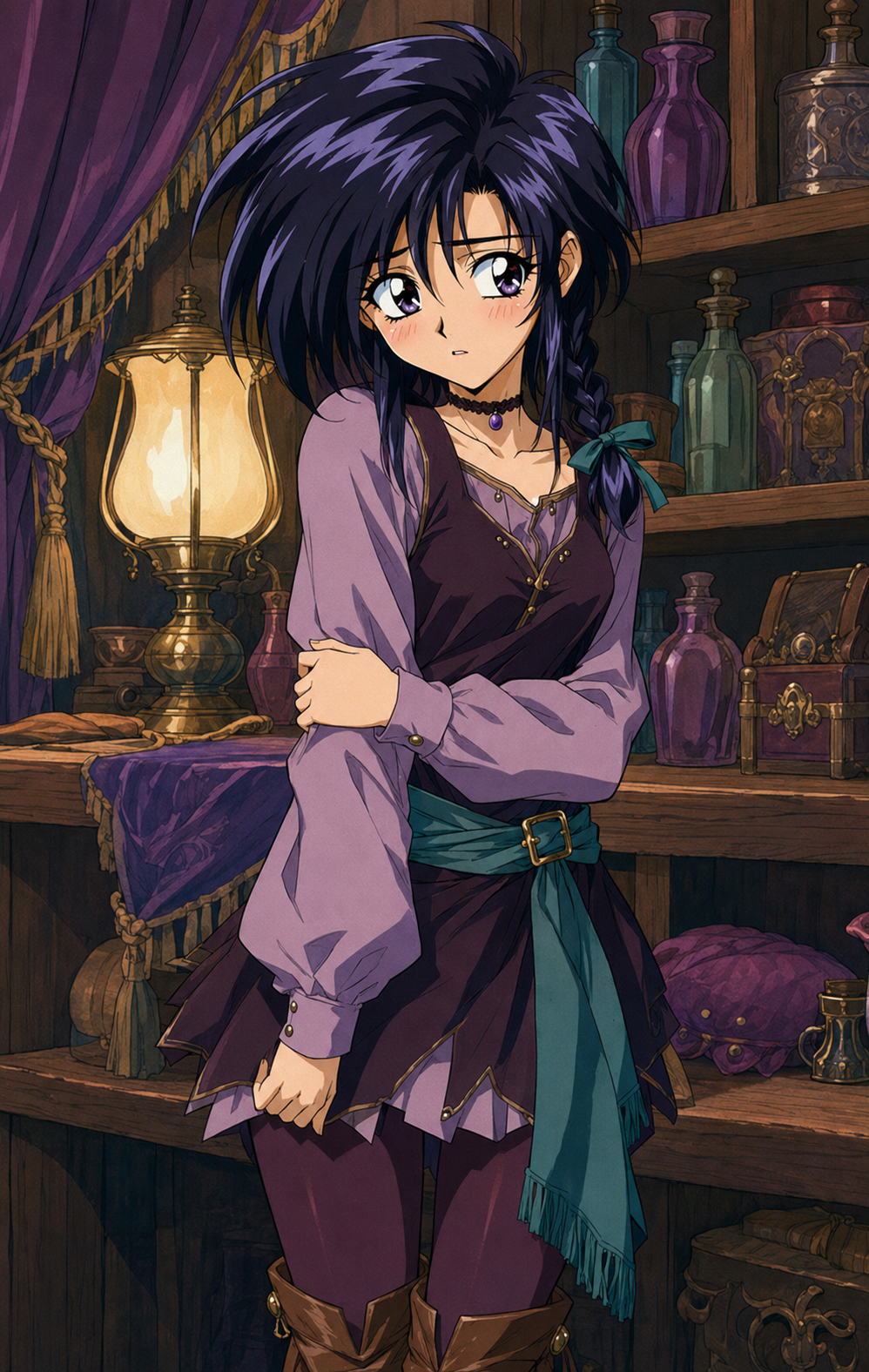 Faye blushing in her usual clothes inside Second Skin