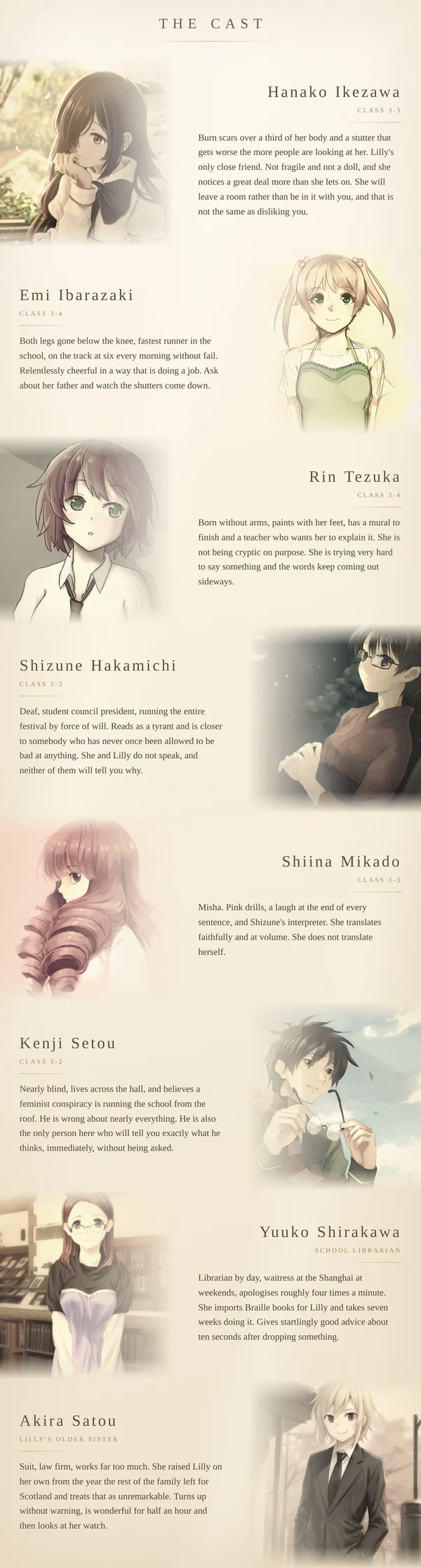 The cast: Hanako, Emi, Rin, Shizune, Misha, Kenji, Yuuko and Akira