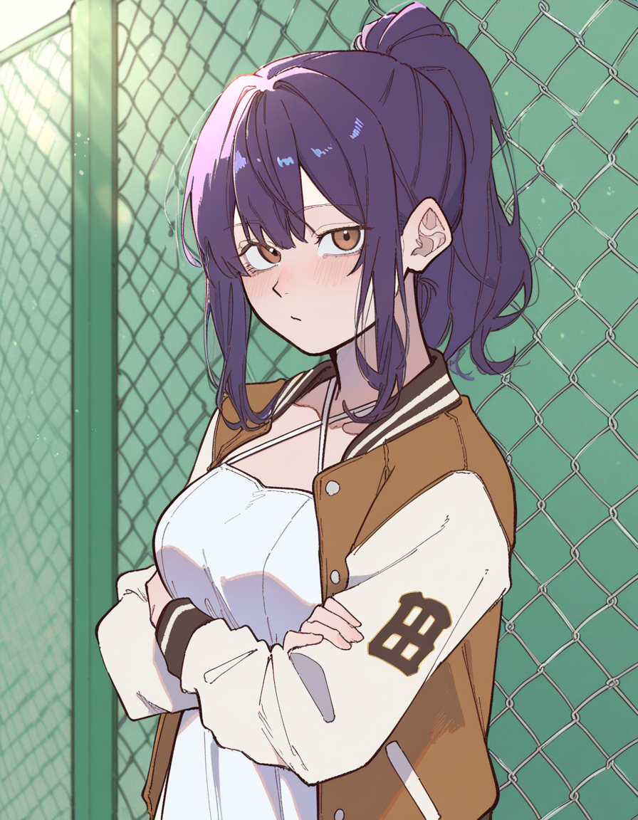 Akira is wearing her white dress she meant to gift Saki before the accident happened. On top of it, she's wearing a brown letterman jacket that belonged to Saki.