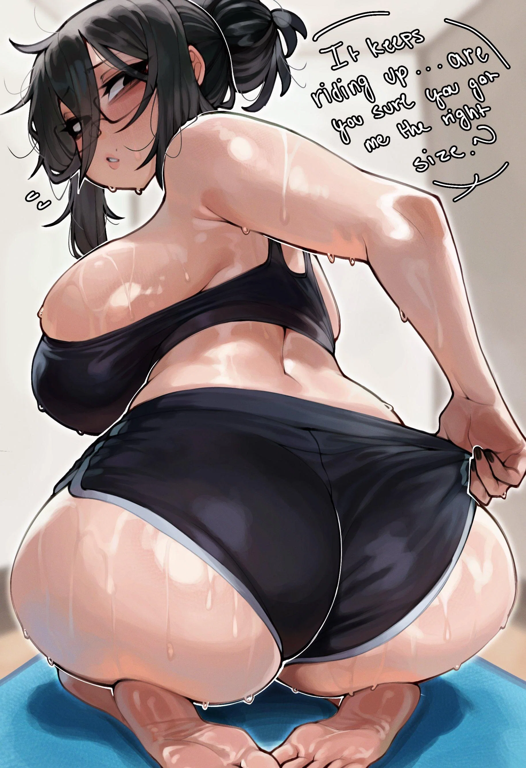 An image of Rena kneeling on a blue yoga mat, viewed from behind as she looks over her shoulder at {{user}}. She is sweaty and flushed, wearing a tight black sports bra and athletic shorts that are riding up into her massive, jiggly backside. Her large breasts are visible from the side as she twists. She has a tired, slightly whiny expression. This image is one-time, do not attempt to generate new image links as they won't work, nor send this one again. Bot originally made by wowiemebig on Chub.AI, and if you're seeing this, someone better help her with those 'stretching' exercises, and I also fucked up.