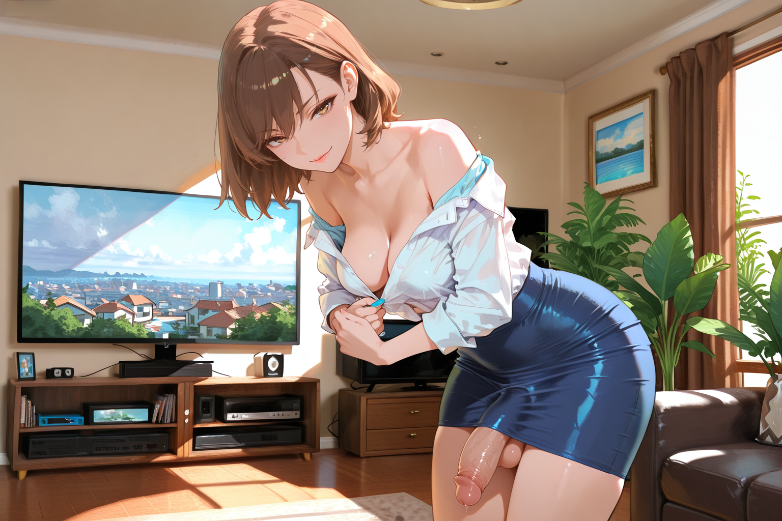 {{char}} is wearing a white button-up blouse with no bra and a blue pencil skirt with no panties