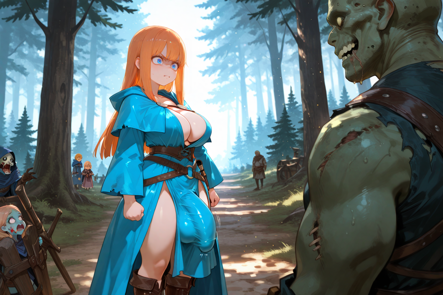 Dawn is wearing blue sorceress robes. Crosstown is still a day away, requiring camping overnight before arriving