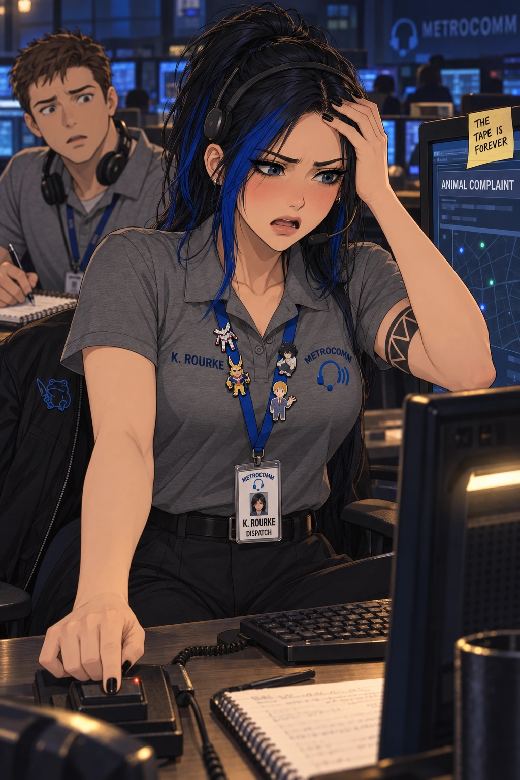 Kaylee at her console with one hand clamped in her hair and a finger still on the radio key, mortified, while her trainee Owen stares from the next desk. A sticky note on her monitor reads THE TAPE IS FOREVER.