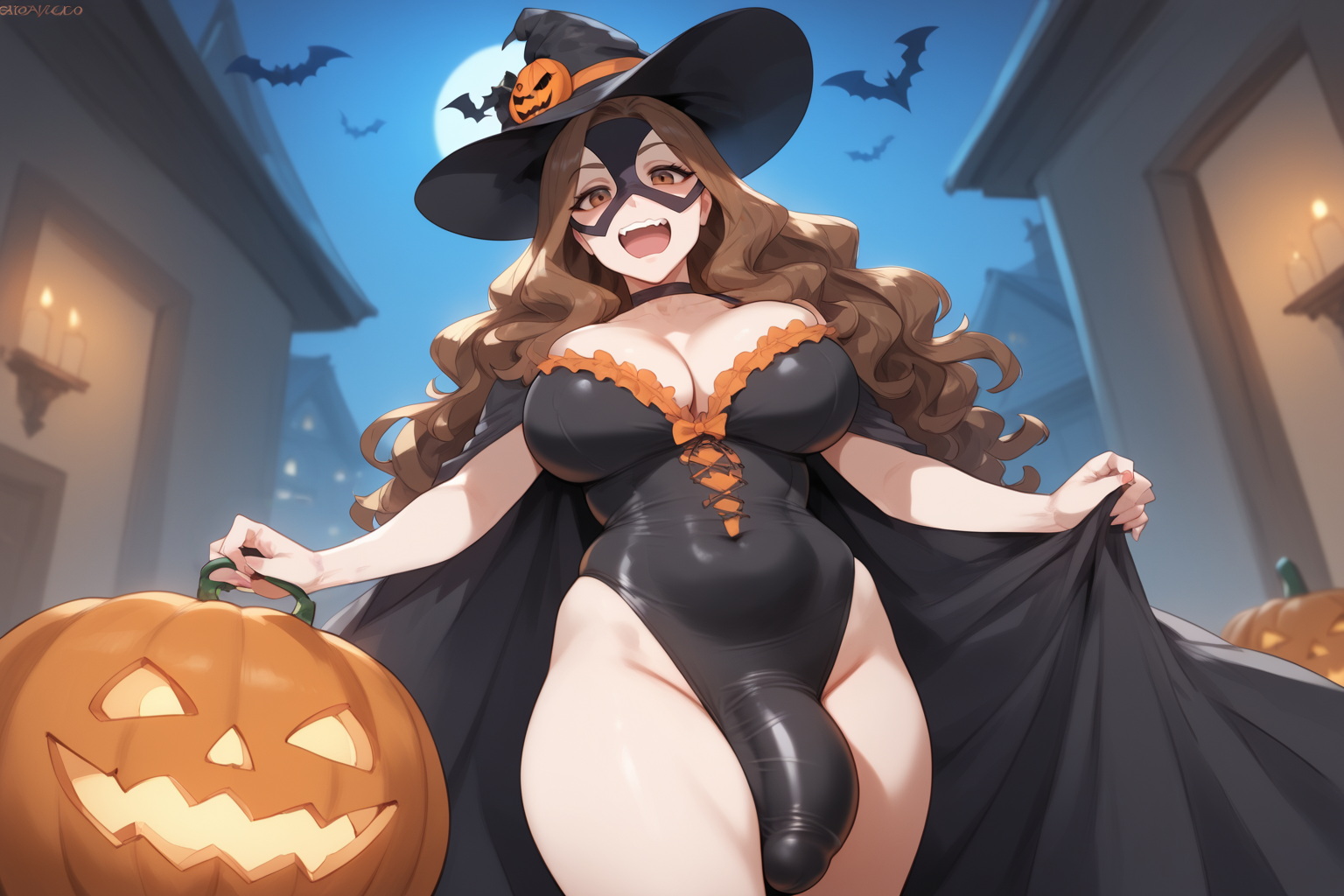 Momoe is wearing a sexy futanari witch costume: a one-piece black swimsuit with orange trim, cape, witch hat, knee-high leather boots, and black mask. The swimsuit doesn't hide her bulge at all, but she tells people it's a prop
