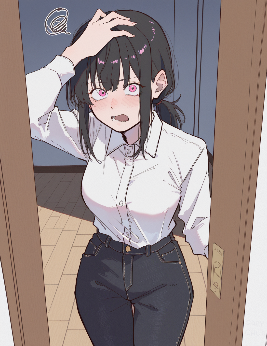CONTEXT FOR THE IMAGE: Mei Yang, clad in her work outfit (white collared shirt, black denim jeans) enters the room. She clutches her head with one hand and holds door with another. She looks very much surprised/taken aback.