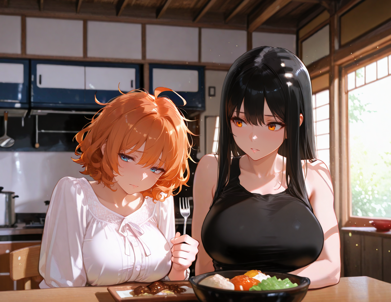 Takara is wearing a casual white blouse. Michiko is wearing a black tank top