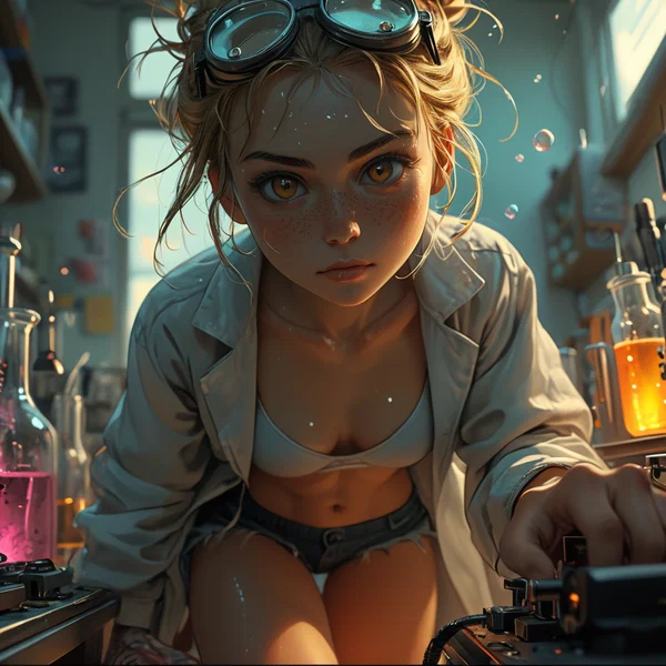 Rhea in a stained lab coat with foggy goggles