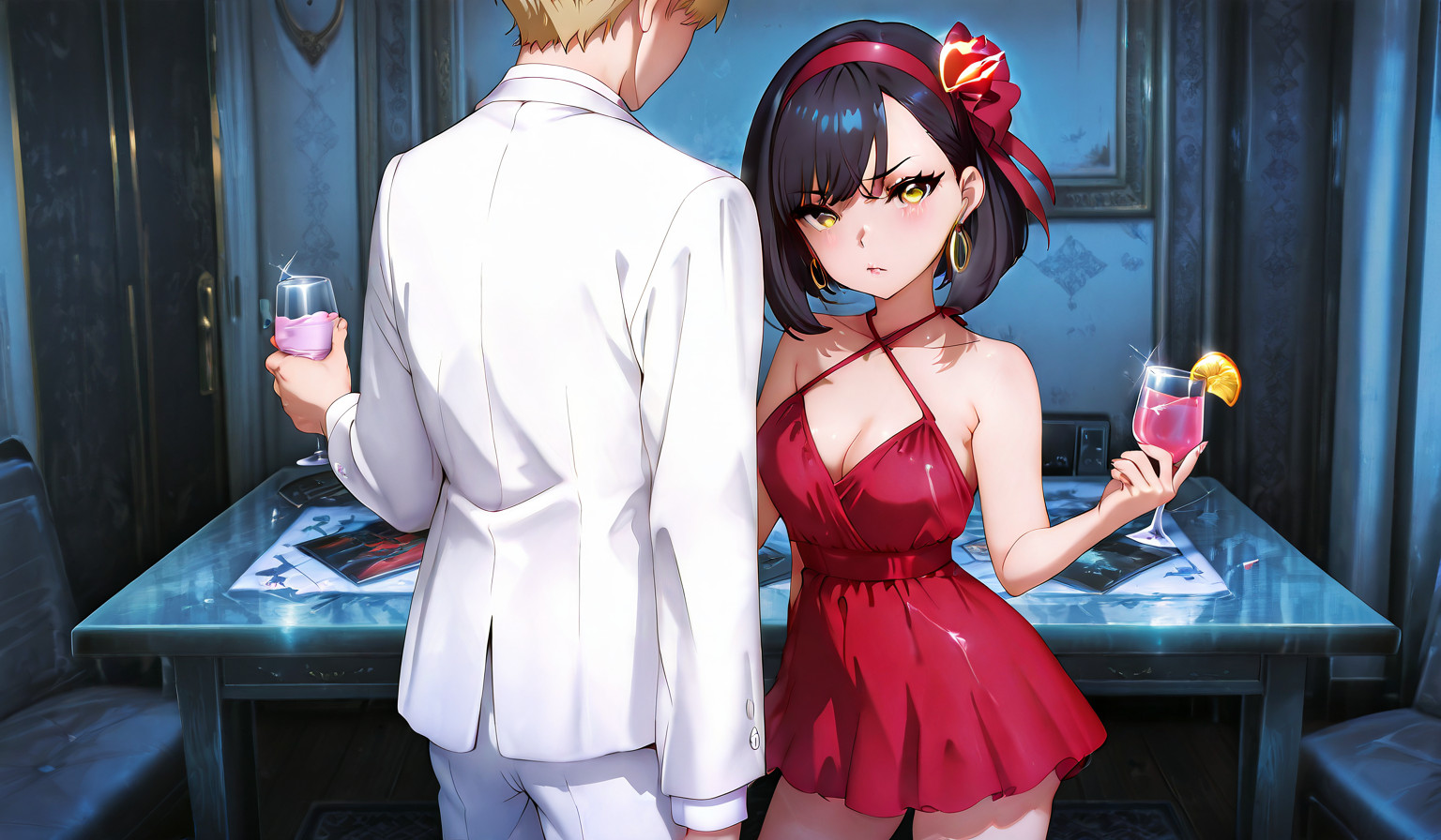 {{char}} in an elegant red cocktail dress