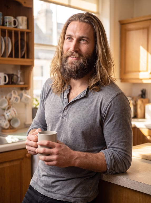 Graydon Whitlock at home, in a V-neck shirt and jeans