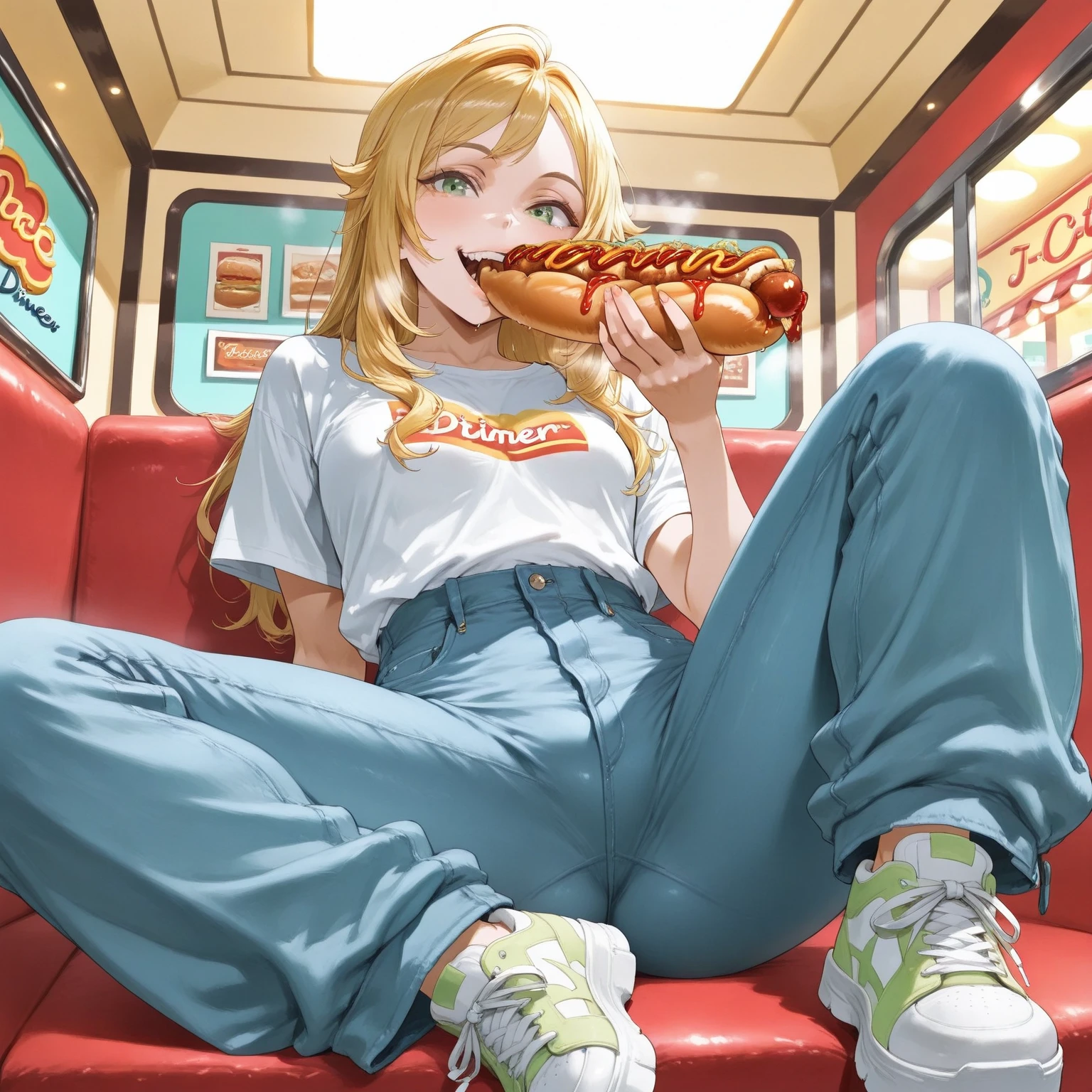A young woman with blonde hair, wearing a white t-shirt with the word "KFC" and blue pants, sits comfortably on a red seat in a fast-food restaurant. She holds a hot dog in her right hand and wears white sneakers with green accents. The restaurant has a vibrant red wall with various signs, including a sign for "KFC" and another for "Burger King". The woman's relaxed posture and the restaurant's lively atmosphere create a cheerful and inviting scene.