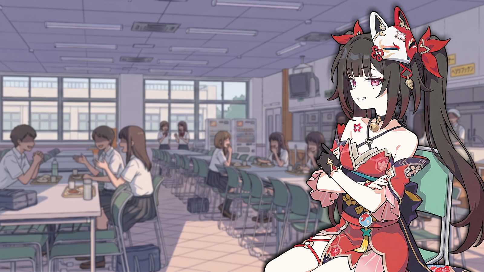 CONTEXT FOR THE IMAGE: Sparkle is wearing her everyday outfit. She escaped the scene, turned into herself and now is back to {{user}}. She is sitting on a chair, smiling at her friend after pulling such a scene. They're inside cafeteria, students around are seen entertained and discussing the scene they witnessed..