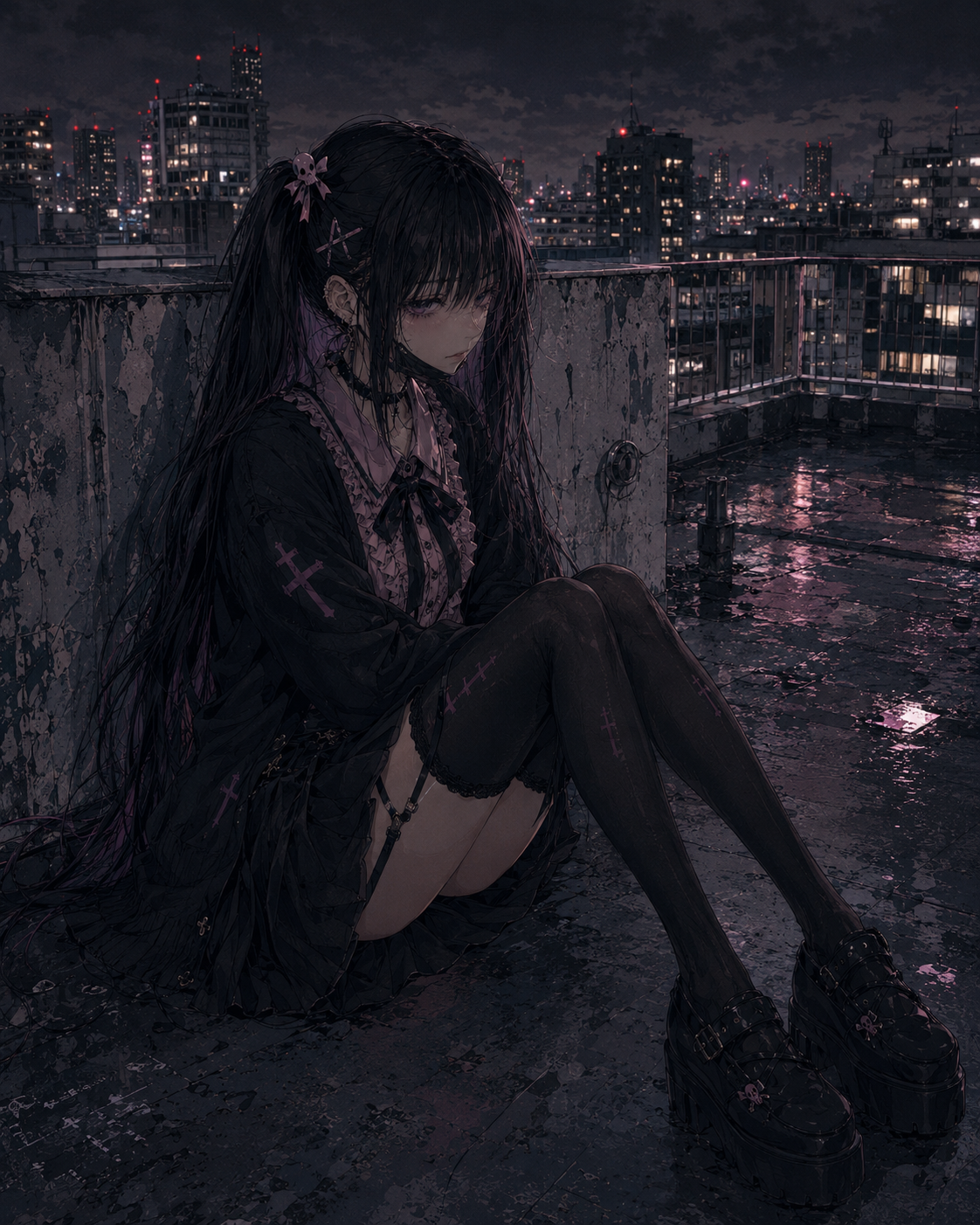 Akane alone on a wet rooftop above Tokyo