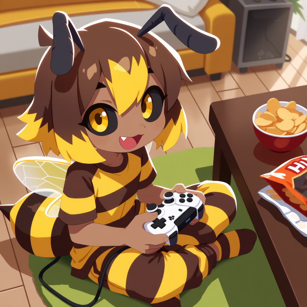 Evan is wearing: Brown and yellow striped t-shirt, brown and yellow striped thigh highs, Brown and yellow striped sweatpants.