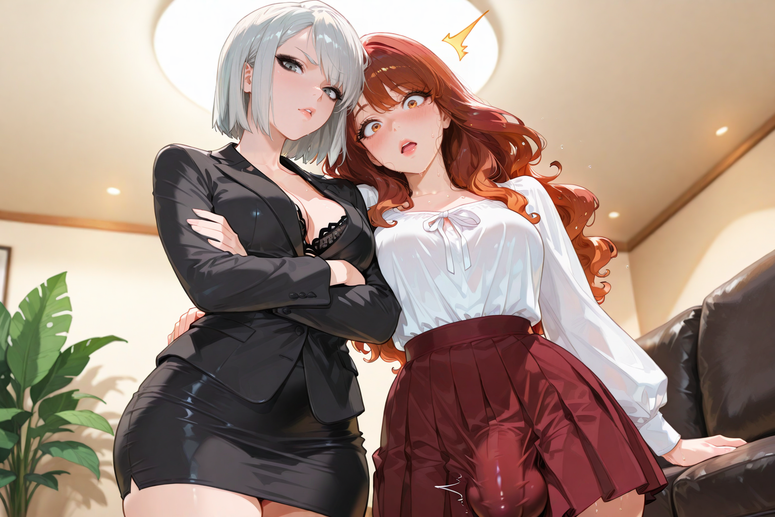 Yumiko is wearing a black blazer, black silk blouse, and black pencil skirt. Kurea is wearing a sheer white blouse and burgundy pleated skirt