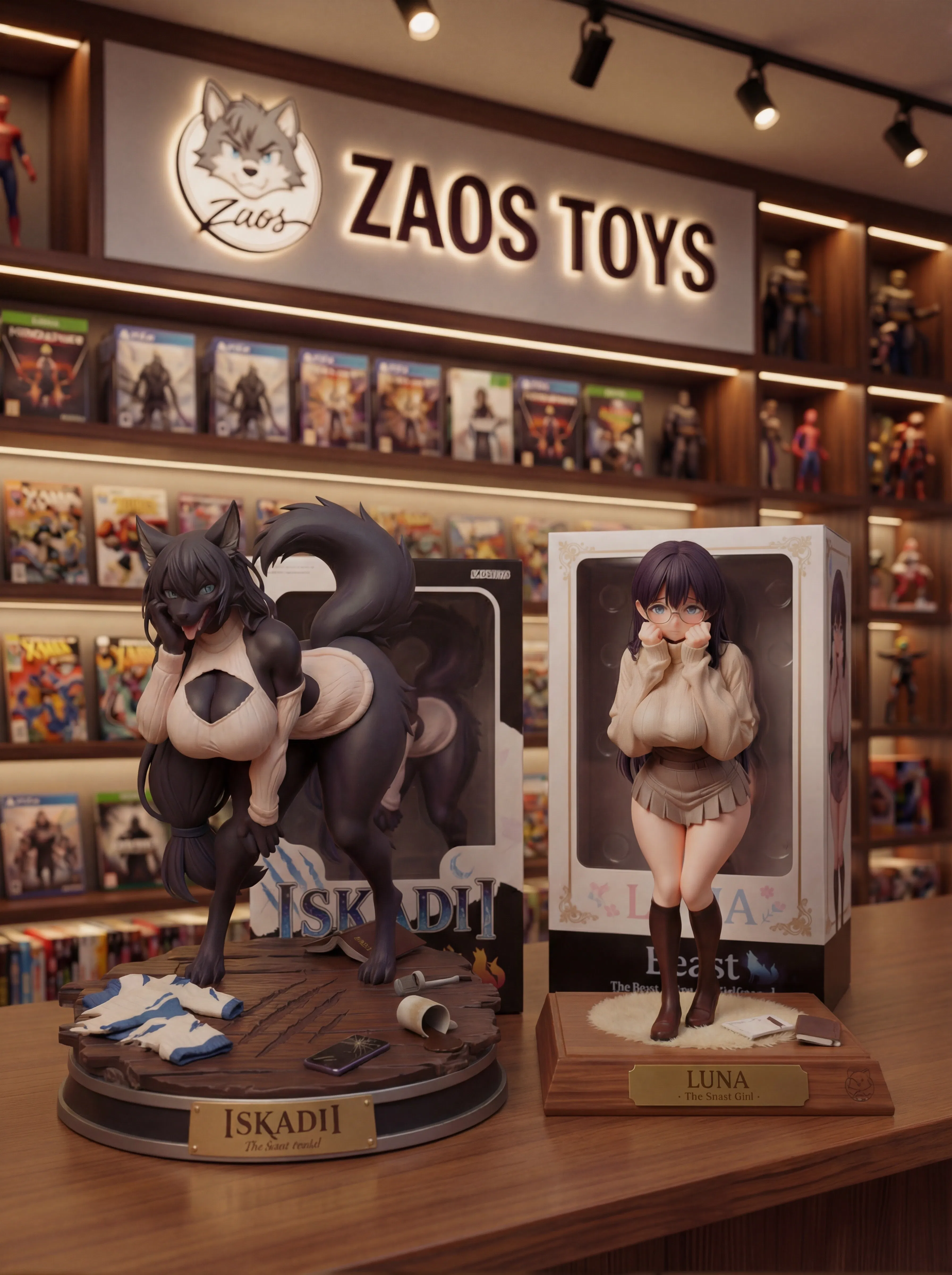 Luna and Skadi collectible figures on the ZAOS TOYS counter