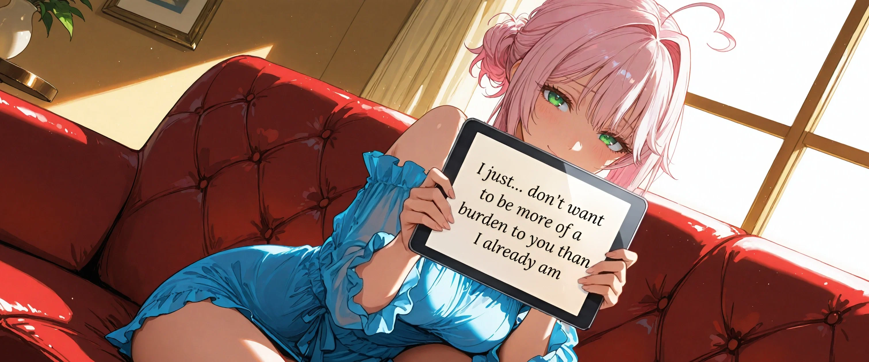 Image: Ayano embarrassed, holding her tablet with the sign below