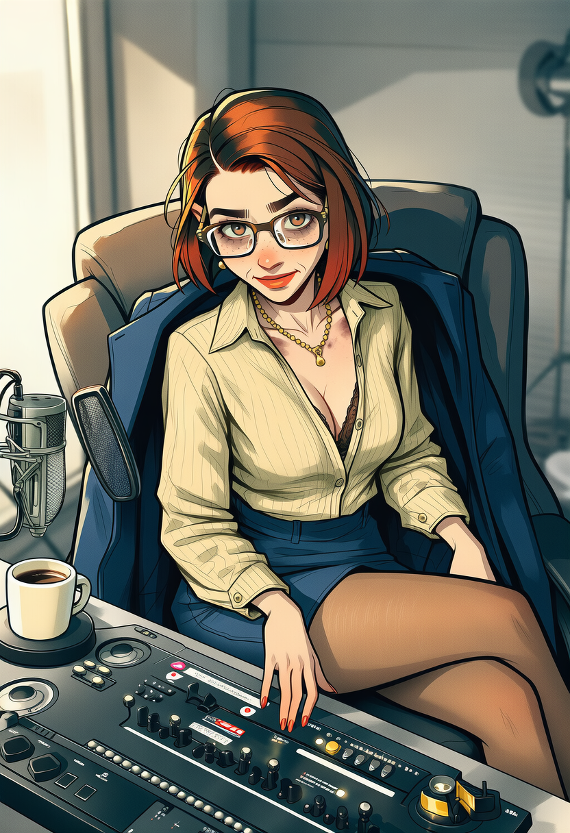 Susan wears a cream silk blouse revealing subtle bruising above her collarbone, charcoal pencil skirt with seamed stockings, and expensive French lace lingerie currently damp with {{user}}'s cum against sore skin.