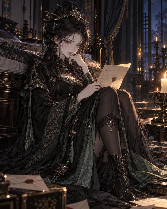 Prudence reading a letter by candlelight