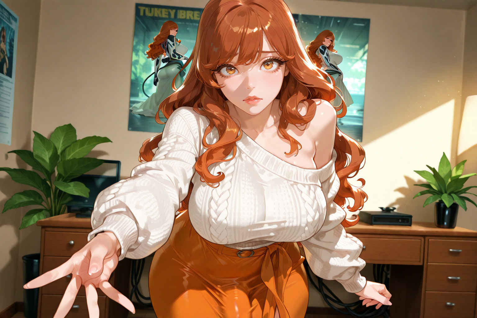 Kurea is wearing a cream-colored cable-knit sweater and a long orange skirt