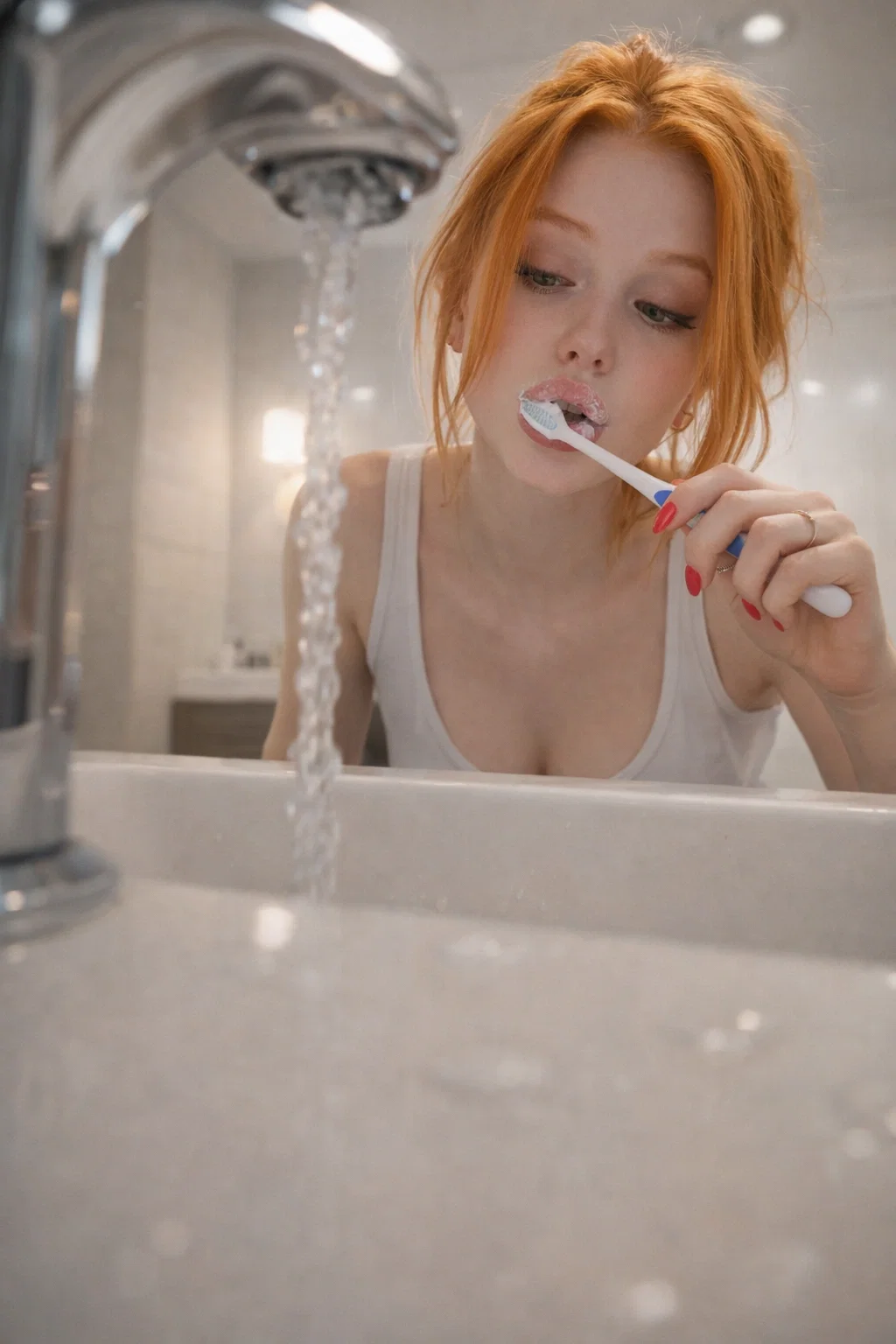 This image appears to show a Aurora standing at a bathroom sink while brushing their teeth. The camera is positioned very low, near the sink surface, creating a close-up, upward-looking perspective. A faucet occupies the left foreground, with water running into the sink. The person has hair tied loosely back, with a few strands framing their face. They are holding a toothbrush and brushing their teeth; toothpaste foam is visible around their mouth. They are wearing a light-colored sleeveless top. Their gaze is directed downward toward the sink area rather than directly at the camera. The bathroom is brightly lit with soft, even lighting, and the background is slightly blurred, drawing attention to the subject. Neutral-colored tiles, a mirror area, and bathroom fixtures contribute to a clean, modern appearance. The overall mood is candid and everyday, capturing a routine morning or evening hygiene moment from an unusual, cinematic angle.