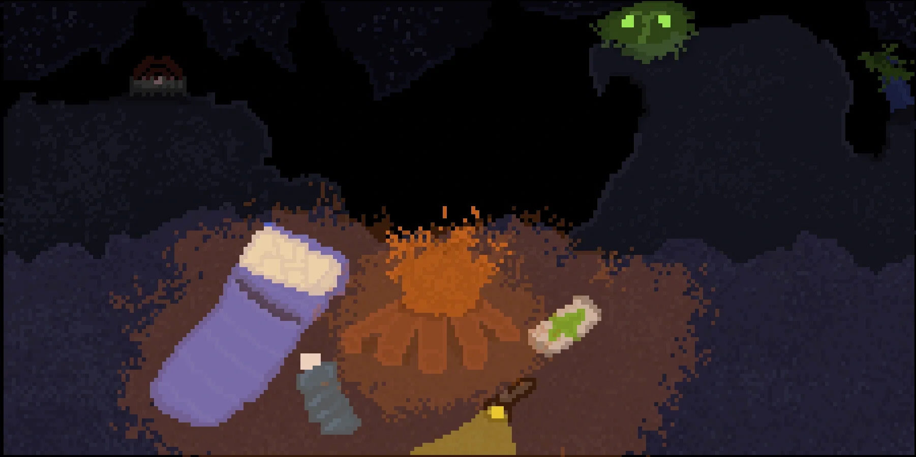 A campsite in the Deeper Gravel lands, there's 1 cyan bedroll, a bruise kit, a jug of water and a flashlight, in the background there's glowplants, geotrees and a spike trap ominously flashing red.