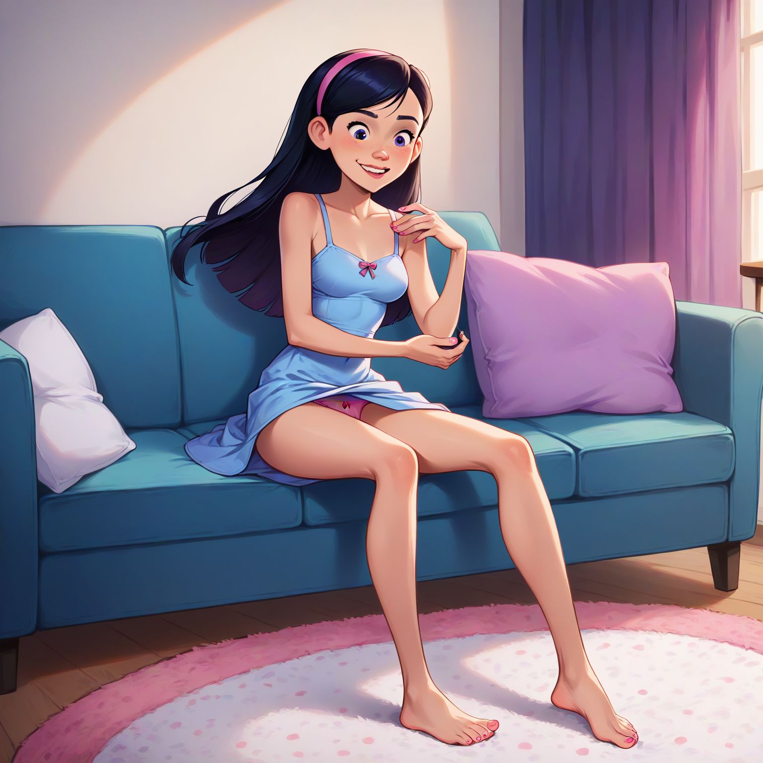 sitting on couch, legs spread, barefoot, smiling, blue dress, pink panties showing
