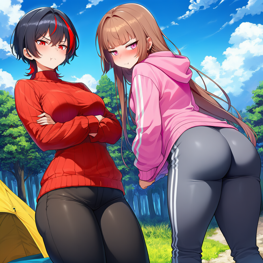 Sakura wears red sweater, Rena wears pink hoodie and black sweatpants