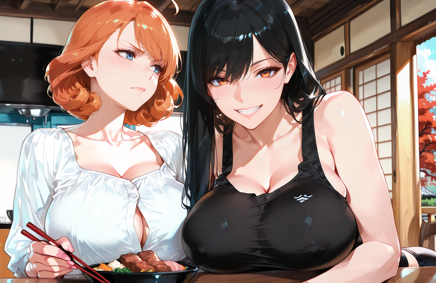 Michiko is wearing a black tank top and blue jeans. Takara is wearing a white button-up blouse and black pencil skirt.