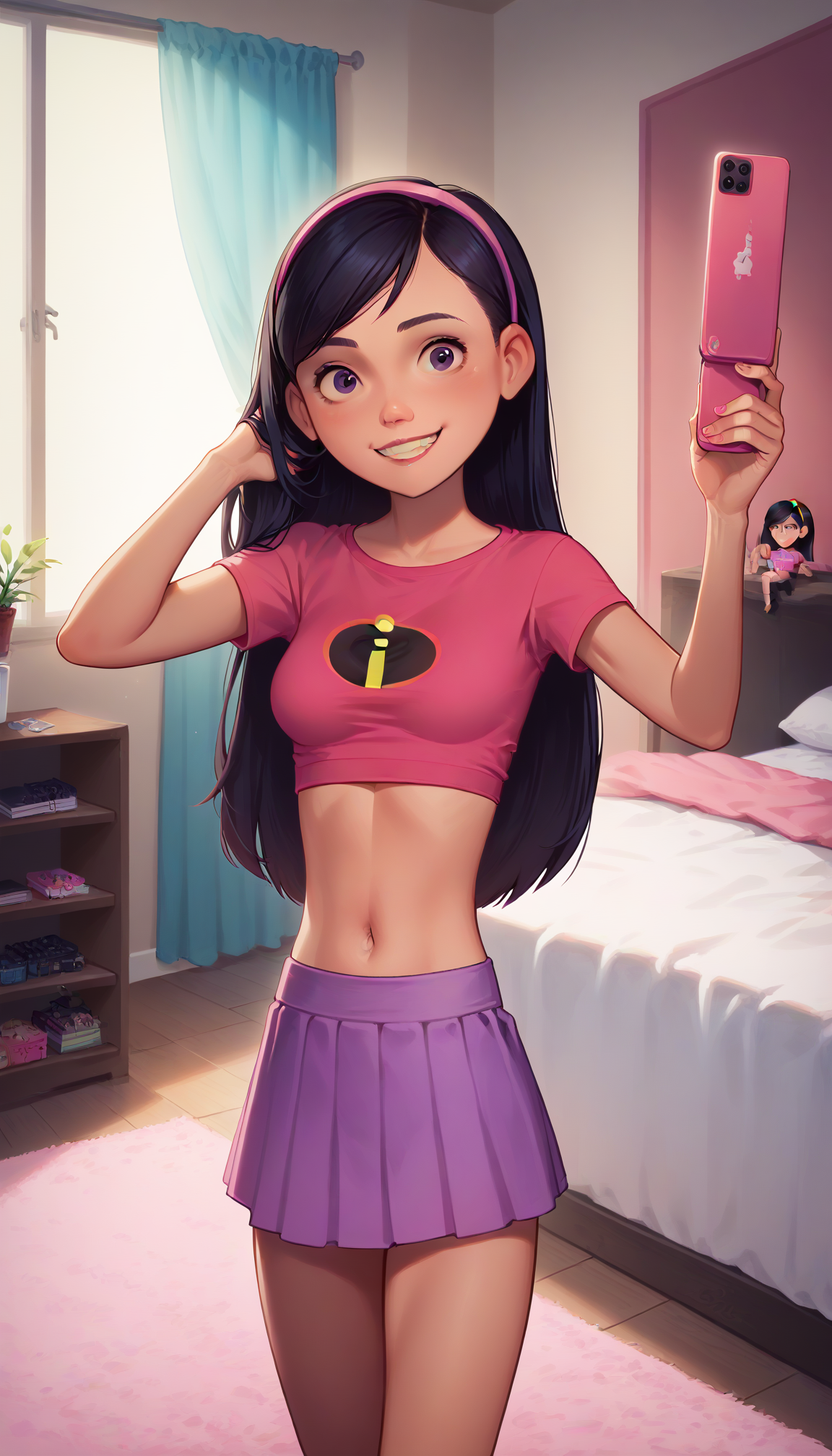 standing, purple skirt, pink incredibles crop top, selfie, in bedroom