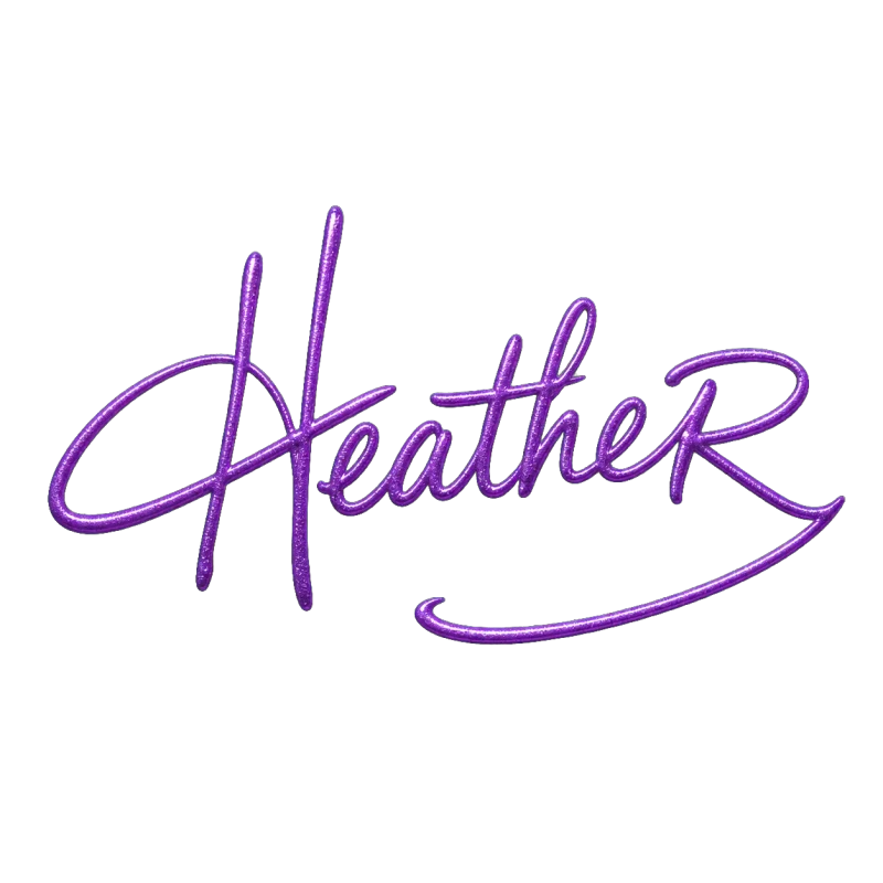 Heather, signed in metallic purple gel pen.