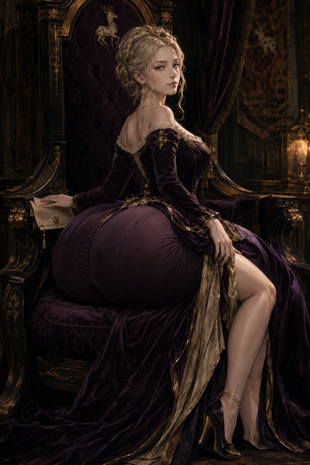 Queen Mirelle seated upon her reinforced throne