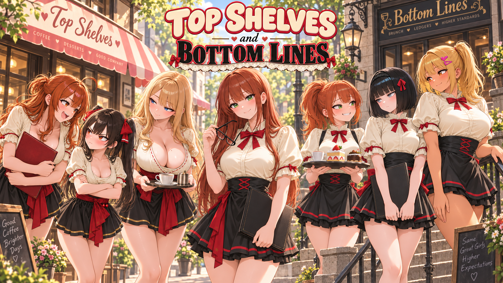 The seven women of Top Shelves and Bottom Lines outside their rival cafes