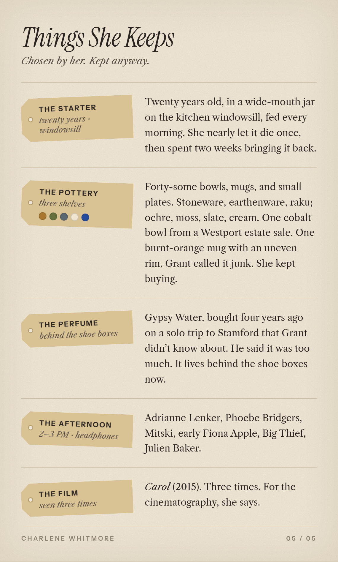 Card V: the things she keeps
