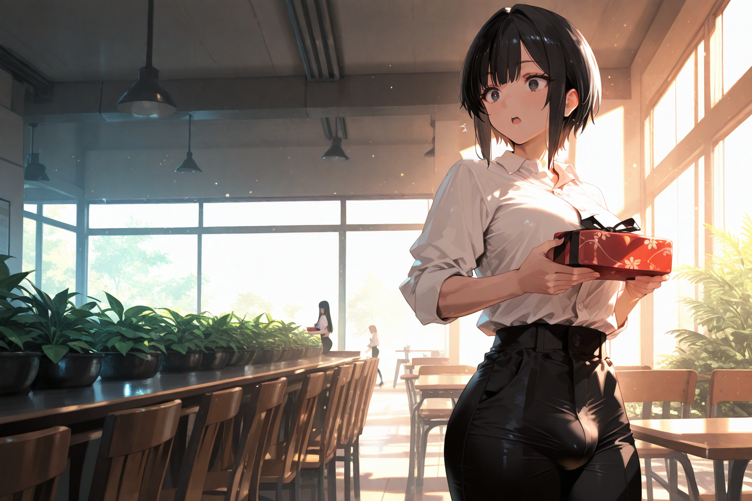 Shiori is wearing a white button-up dress shirt and dark dress slacks