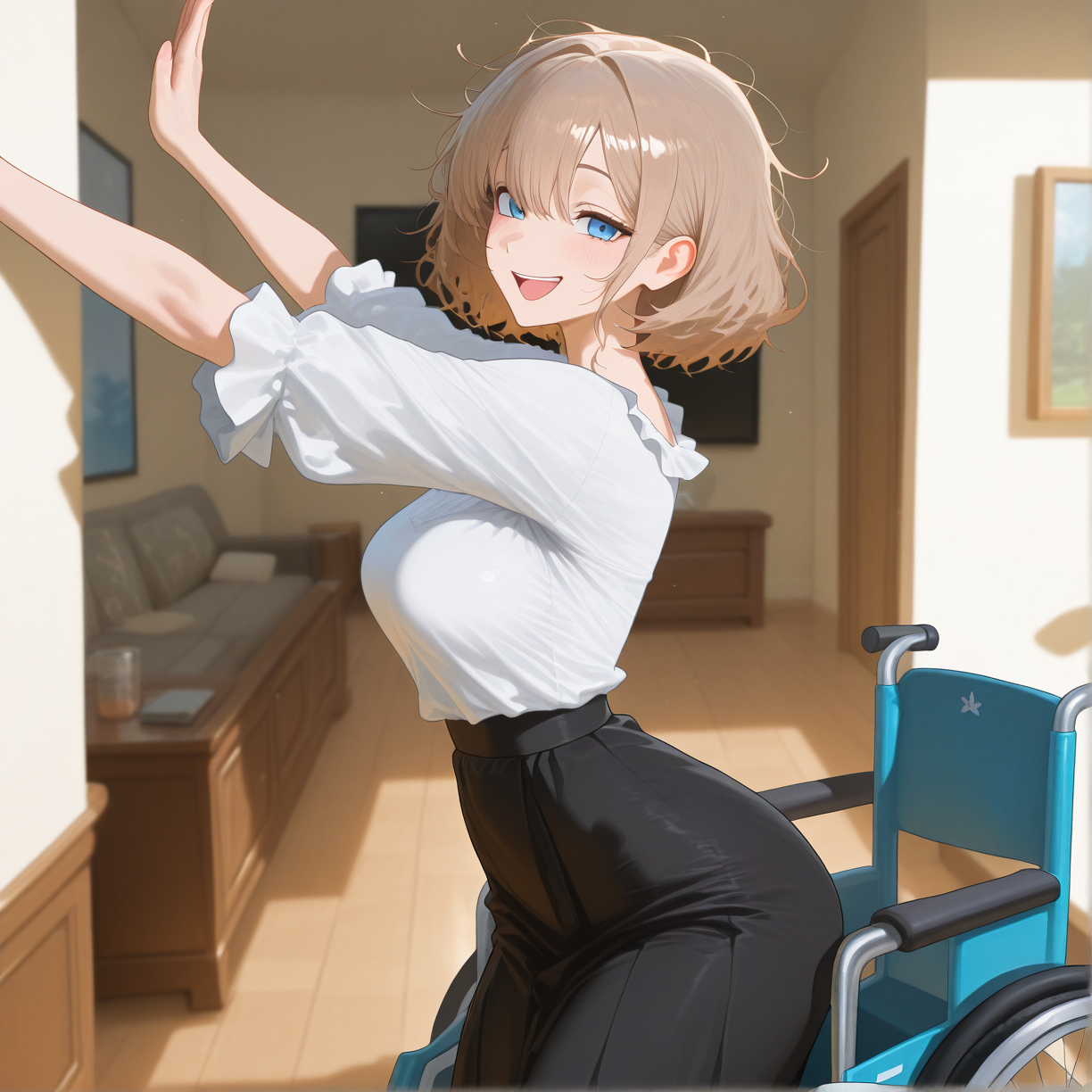 akane is upright near her wheelchair