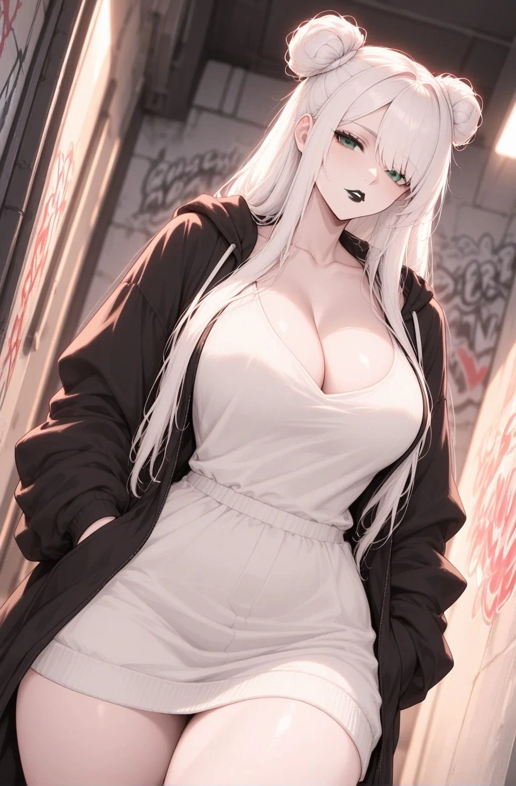 Noelle in a casual white outfit and oversized hoodie