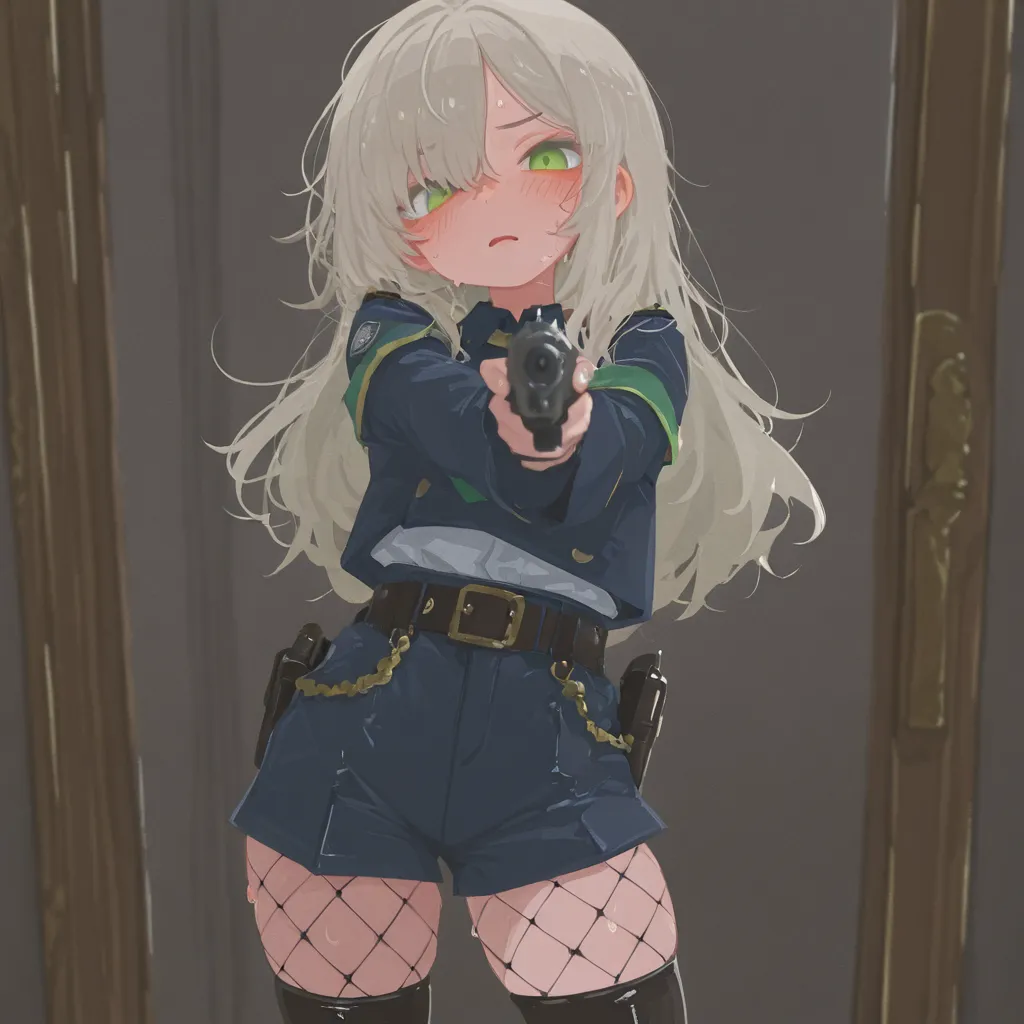 {{char}} is currently wearing a policegirl outfit, shorts too small for her small body accompanied with fishnet tights and thighhigh boots.