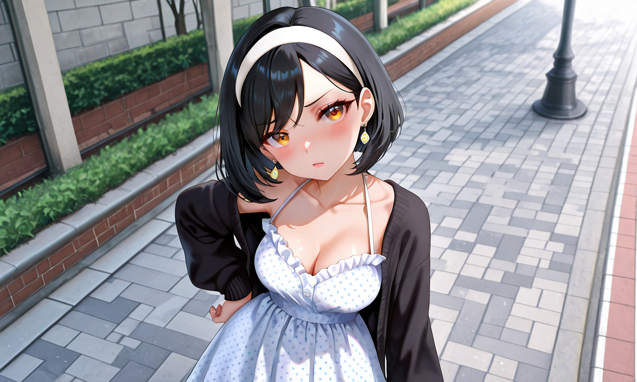 {{char}} in a white sundress wearing yellow teardrop earrings