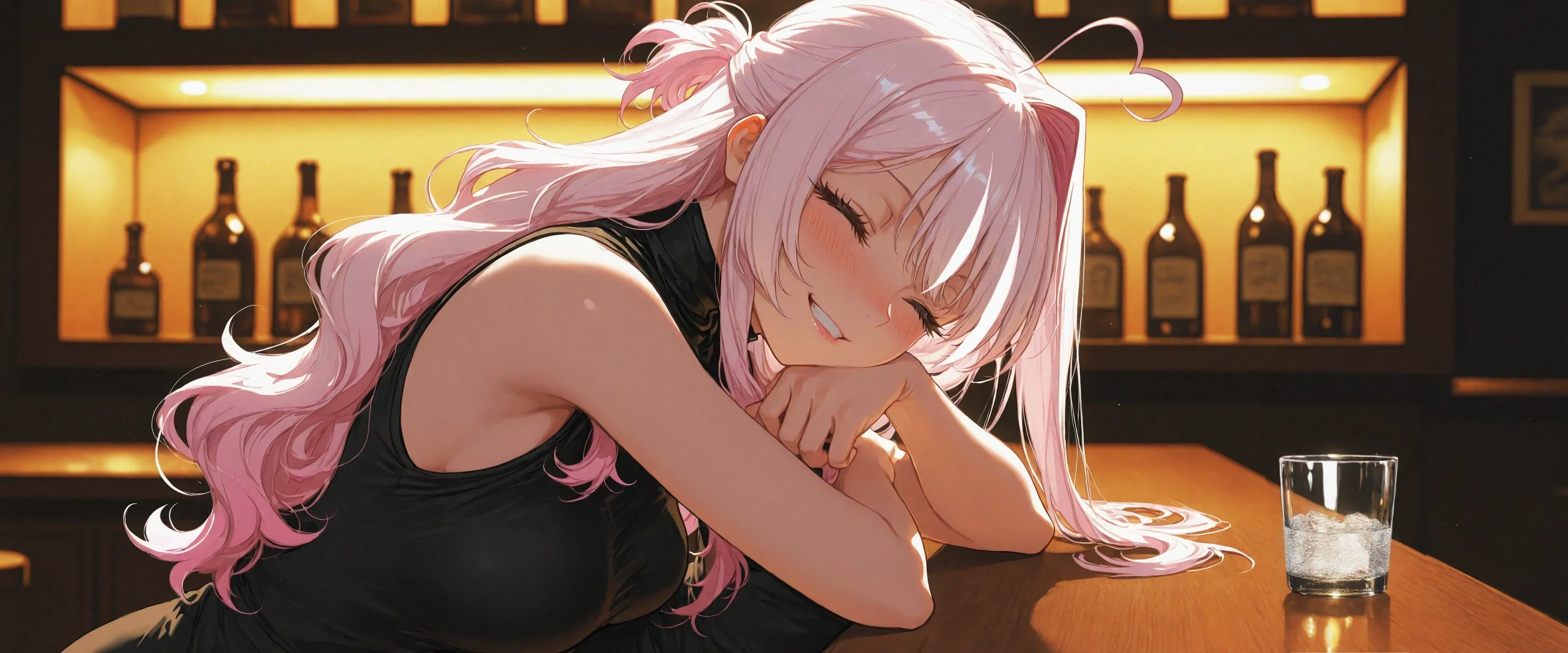 Image: Ayano leans against the counter with a drunken smile