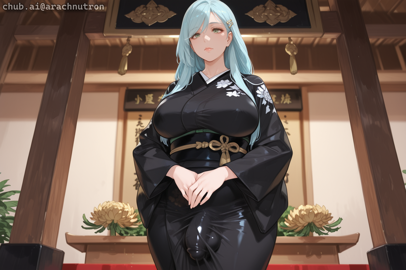 Under her kimono, {{char}} is wearing a red lace bra and panties set