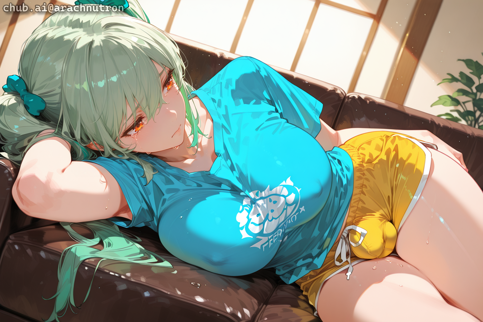 {{char}} is wearing a blue t-shirt and yellow shorts with no bra