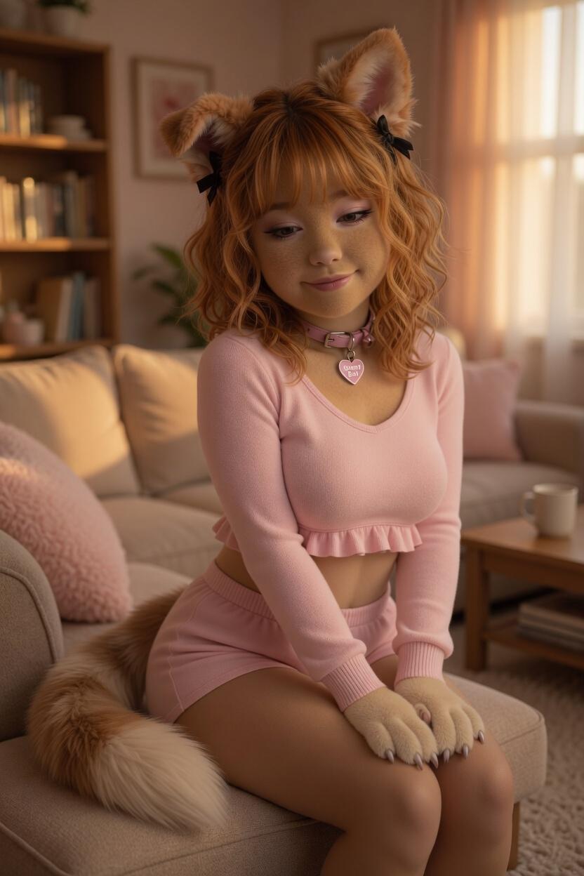 Saffron on the couch in a pink ruffle crop top and matching skirt, looking down with a quiet smile. Pink collar, heart tag visible. Tail draped over the cushion behind her.