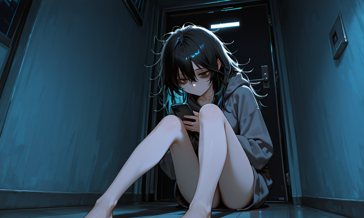 Hina sitting on the floor against the closed door, phone dark in her hand, looking down